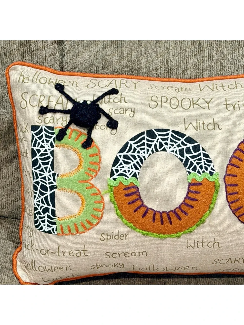 Vintage Pier 1 Imports Embroidered  BOO Pillow Halloween Spider Patchwork 12x17